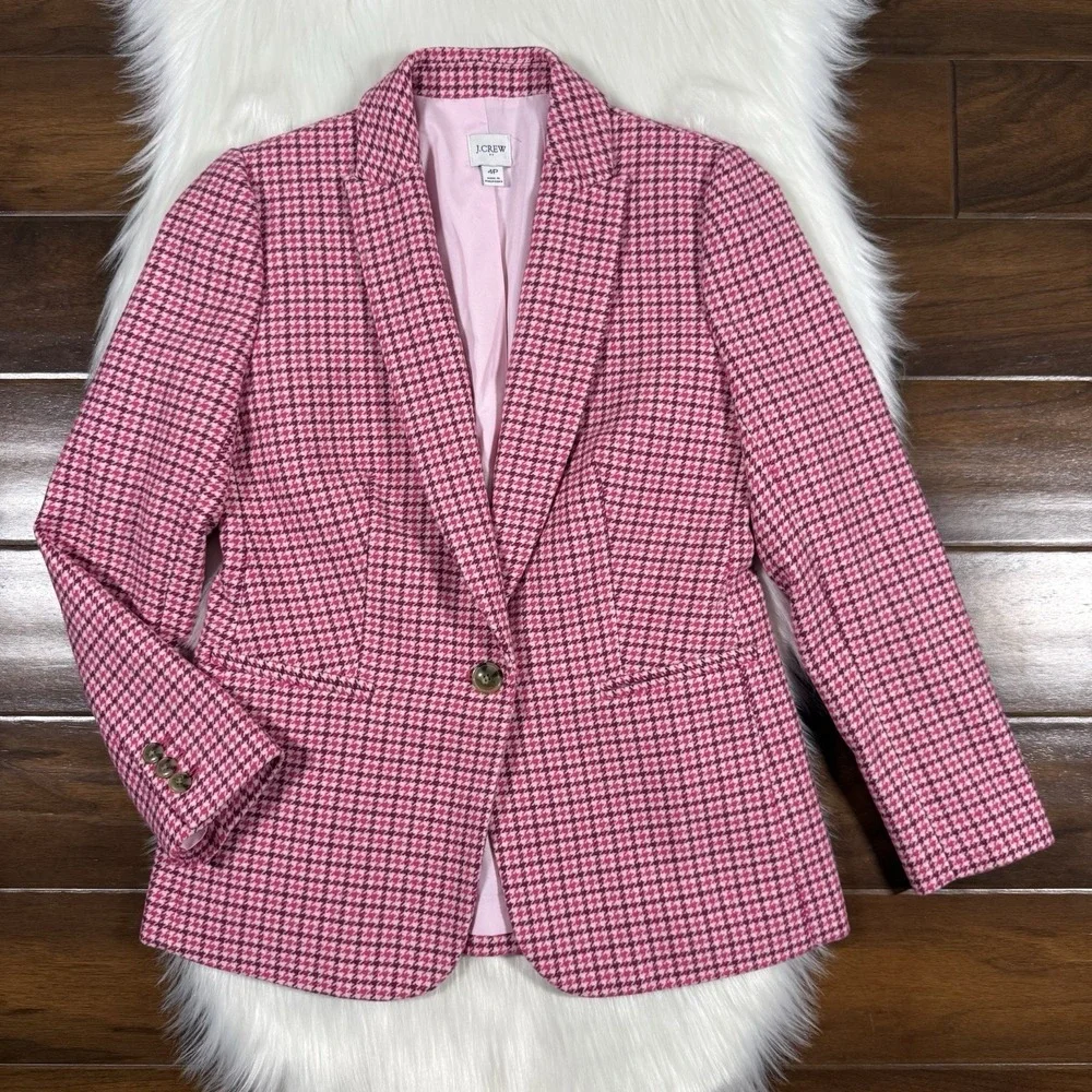J.‎ Crew Women's Size 4 P Petite Pink Houndstooth Wool Blend Blazer Jacket BA809